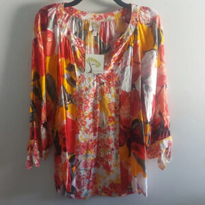 Fig and Flower Floral Bohemian Peasant Blouse top 1X Tropical Resortwear